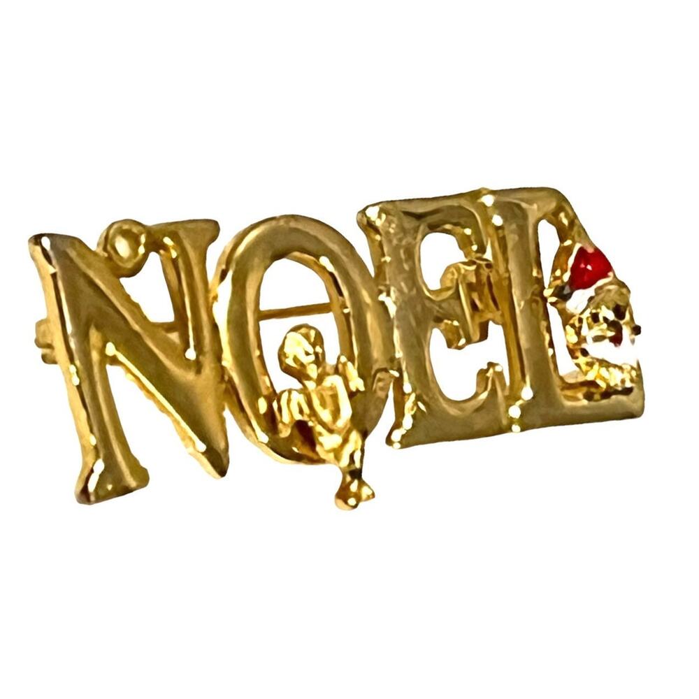 VTG Gold NOEL BROOCH PIN 2” Santa Cherub Angel Enamel Christmas Holiday Jewelry